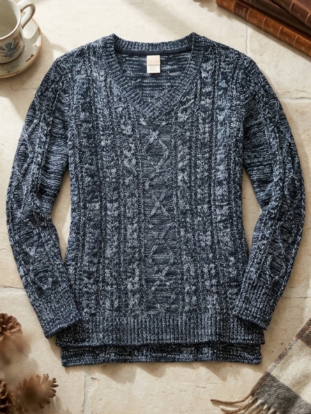 Faded Glory Women's V-Neck Cable Knit Sweater - Heathered Navy/Gray